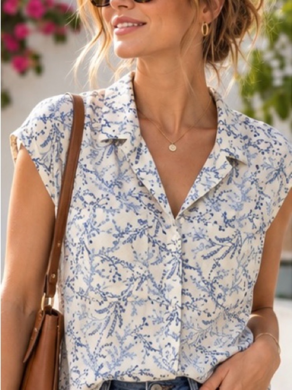 JACHS Girlfriend Blue Botanical Button Front Blouse – Size Small